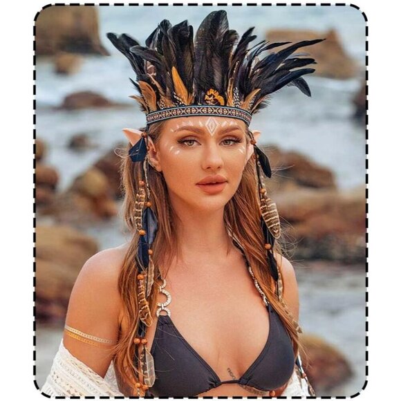 Feather Headband Boho Native American Hair Accessory for Women